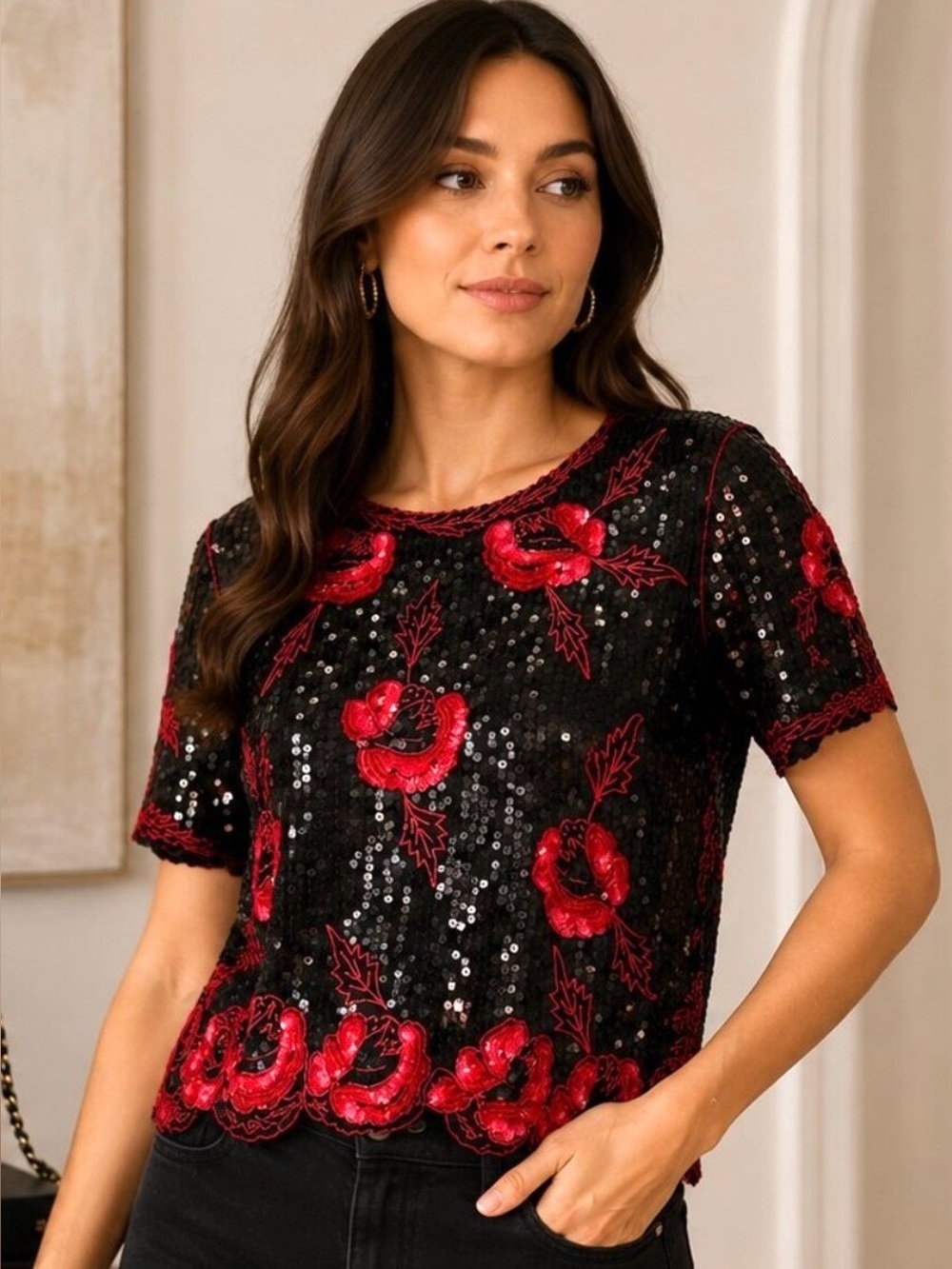 Royal Feelings Vintage Sequin Beaded Short Sleeve Top Size Medium